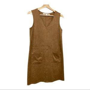 NWOT Max Studio Brown Microsuede V-neck Jumper Dress w/ Front Pockets Size Small